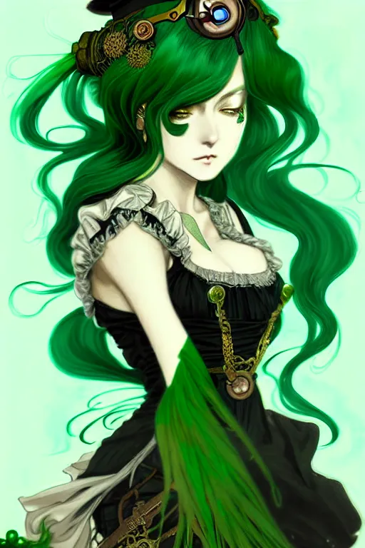 Image similar to beautiful green hair anime woman victorian dress, steampunk, fantasy, eerie, intricate details, pixiv, digital painting, artstation, concept art, 8 k, art by artgerm, loish and alohonse mucha and eiichiro oda