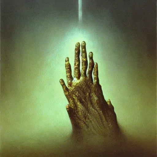 Prompt: hand reaching out of thick fog, psychedelic, zdzislaw beksinski