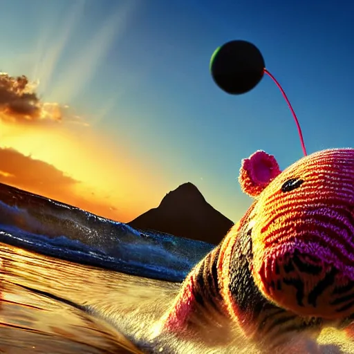 Image similar to a closeup photorealistic photograph of a cute smiling knitted tiger hippopotamus chasing a beachball at sunset. surf in the background. professional capture. this 4 k hd image is trending on artstation, featured on behance, well - rendered, extra crisp, features intricate detail, epic composition and the style of unreal engine.