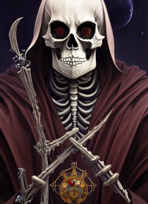 Image similar to undead skeleton king, wearing an academic gown, tarot card, highly detailed, deep focus, elegant, digital painting, smooth, sharp focus, illustration, ultra realistic, 8 k, art by artgerm and alphonse mucha and greg rutkowski