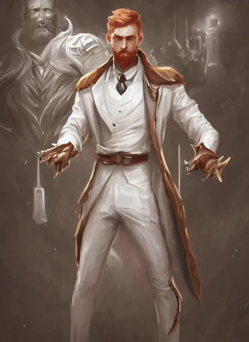 Image similar to a highly detailed illustration of short ginger haired man wearing white suit, dramatic holding chess piece pose, intricate, elegant, highly detailed, centered, digital painting, artstation, concept art, smooth, sharp focus, league of legends concept art, WLOP