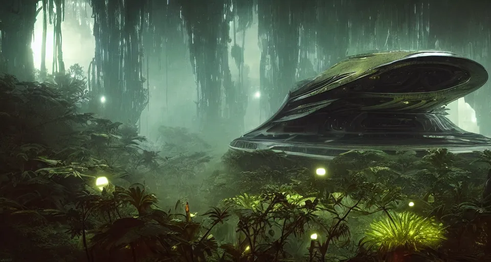 Image similar to Retro futuristic Sci-Fi space forest scene, Giant Aztec spaceship, volumetric light, fog, dusk lighting, intricate details ,by denis villeneuve, Ridley Scott, Greg Rutkowski and Alphonse Mucha