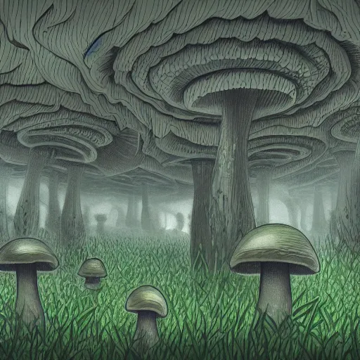 Image similar to drawing of a mushroom city in the middle of the forest, high details, godrays, 4k