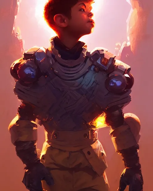 Prompt: a tiny boy with a huge power glove, bust shot, smooth, intricate, elegant, power aura, digital painting, artstation, concept art, sharp focus, illustration, art by justin gerard and josan gonzalez, high contrast