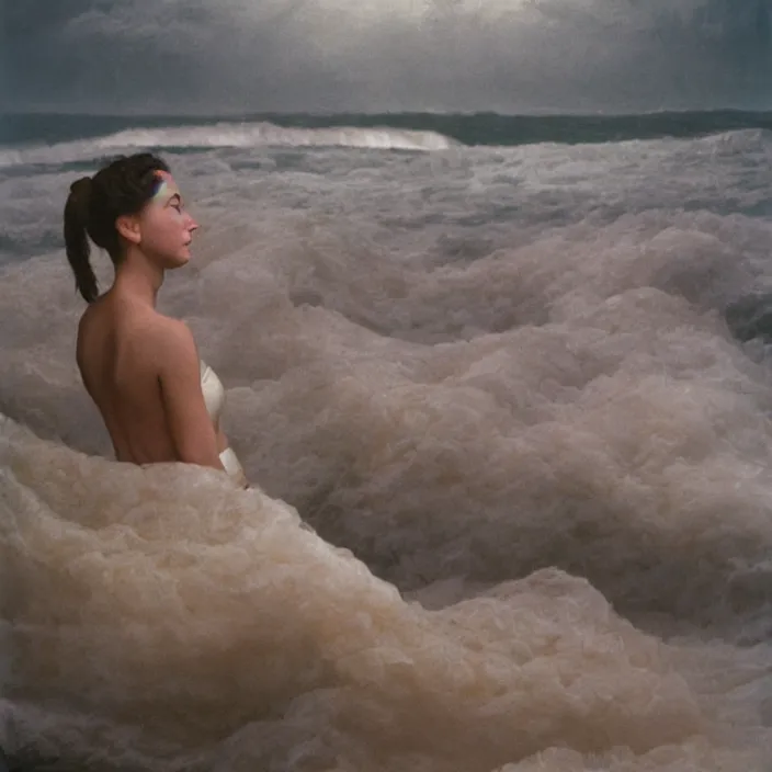 Image similar to a closeup portrait of a woman wearing wrapped in plastic, standing in front of a giant tsunami wave, color photograph, by vincent desiderio, canon eos c 3 0 0, ƒ 1. 8, 3 5 mm, 8 k, medium - format print