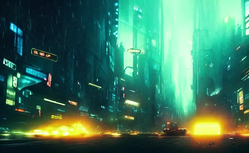 Prompt: car chase though an overgrown destroyed city, epic composition, beautiful lighting, hdr, artistic, cinematic design, by blade runner and rick and morty
