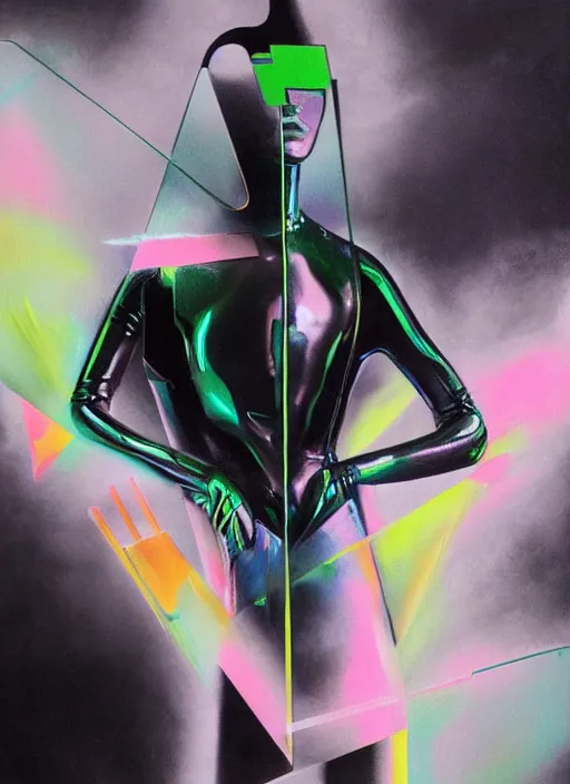 Image similar to futuristic lasers tracing, colorsmoke, leather fullbodysuit, pyramid hoodvisor, raindrops, wet, oiled, beautiful cyborg girl, by steven meisel, kaws, rolf armstrong, mondrian, kandinsky, perfect geometry abstract acrylic, octane hyperrealism photorealistic airbrush collage painting, dark monochrome, fluorescent colors, minimalist rule of thirds, eighties eros