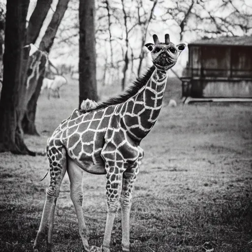 Image similar to a Giraffe-Pug Hybrid, A Giraffe that looks like a pug, huge tusks, afternoon hangout, good times photograph, candid