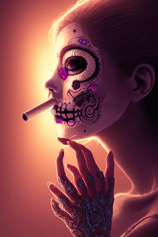 Prompt: ultra detailed, beautiful female android smoking a cigarette, scifi, fantasy, ( dia de los muertos ), triadic color scheme, intricate detailed, octane render, concept art. smoke, calm, noir. art by godmachine and michael welan and rossdraws and artgerm and greg rutkowski and wlop. 8 k, hdr