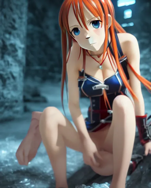 Prompt: photo of asuna from sao in ice dungeon, asuna by a - 1 pictures, by gil elvgren, enoch bolles, glossy skin, pearlescent, anime, very coherent, maxim magazine, 3 d, vray, unreal 5, octave rendey, maya, cgsociety