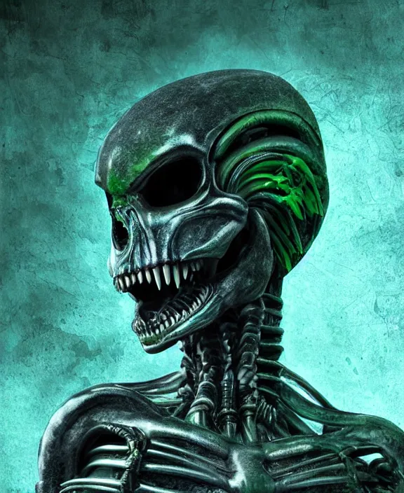 Image similar to xenomorph borg queen goth model skull eyes hybrid, dragon eggs, dark emerald mist colors, giger background liminal void, cinematic lighting, realistic, award winning photograph, various refining methods, micro macro autofocus