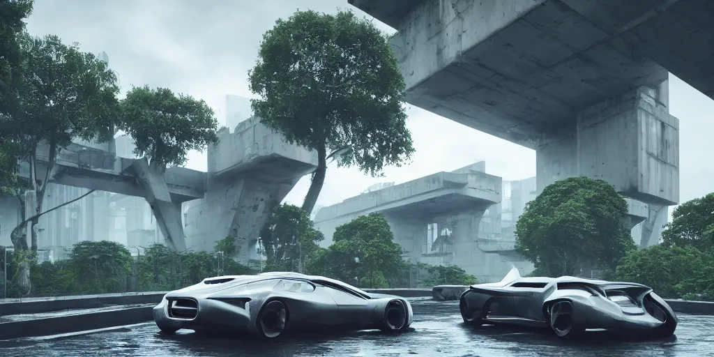 Image similar to highly detailed futuristic car, on the background brutalist architecture by Le Corbusier, abandoned buildings, empty streetscapes, surrounded by lush green vegetation, ground-level view, puddles of water, stunning volumetric lighting, sunset, trending on Artstation, 8k, photorealistic, hyper detailed, unreal engine 5, cinematic, epic lighting, cryengine, octane render, nvidia ray tracing, cyberpunk, red and orange glow, dark, gloomy