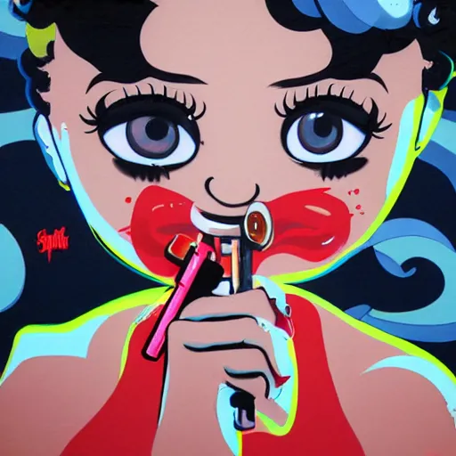 Prompt: betty boop painting, matte paint, street art, by sachin teng x supreme : 5 marijuana, graffiti, smoke, hard edges, geometric shapes, by sachin teng : 6