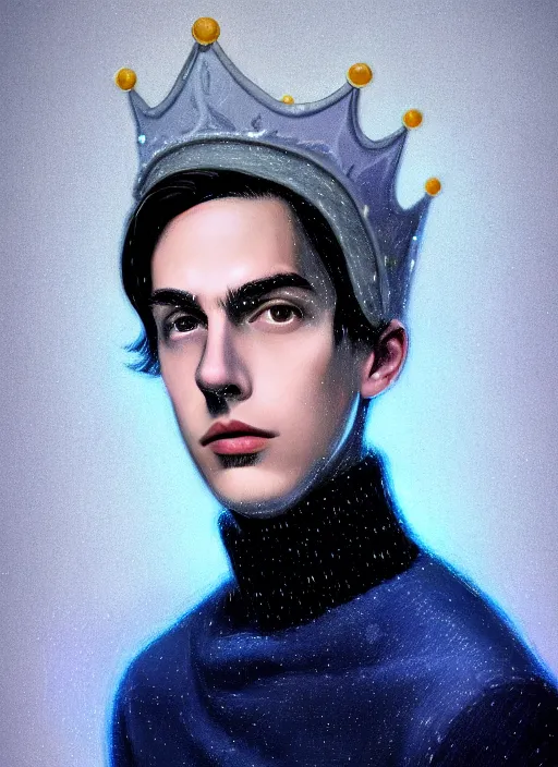 Image similar to portrait of teenage jughead jones wearing a light grey crown, crown, blue turtleneck, 1 9 5 0 s, closed eyes, photorealistic, black hair, glowing lighting, intricate, elegant, glowing lights, highly detailed, digital painting, artstation, concept art, smooth, sharp focus, illustration, art by wlop, mars ravelo and greg rutkowski