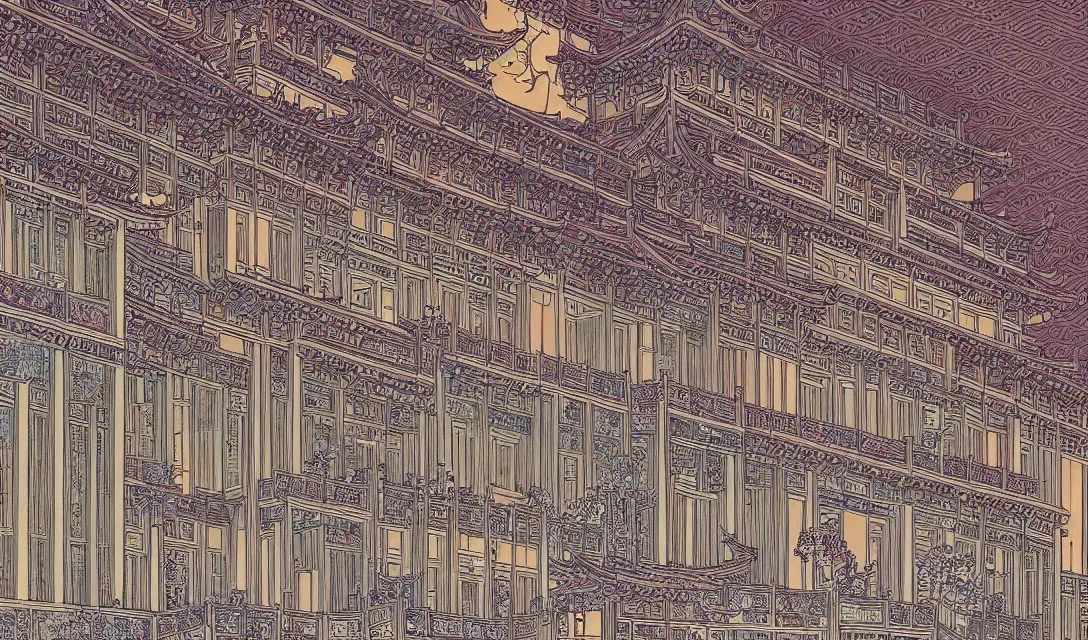 Prompt: symmetry!! a gorgeous chinese palace in night, illustration, by moebius and stuio ghibli