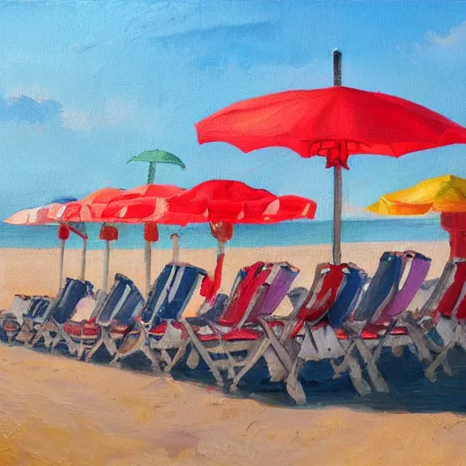 Prompt: an italian beach full of umbrellas and sun chairs, oil painting