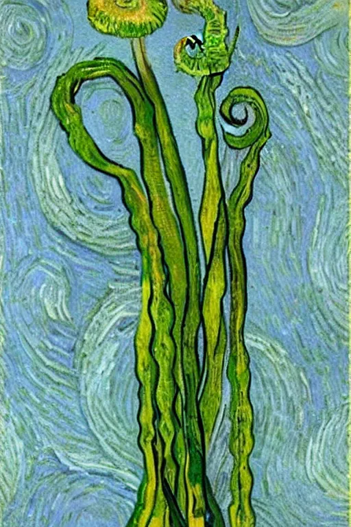 Image similar to Fiddleheads, painted by Vincent Van Gogh (1890), oil on canvas, detailed brushstrokes