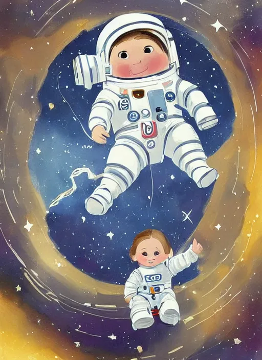 Image similar to a cute little girl with a round cherubic face, blue eyes, and short wavy light brown hair smiles as she floats in space with stars all around her. she is an astronaut, wearing a space suit. beautiful painting with highly detailed face by quentin blake and greg rutkowski