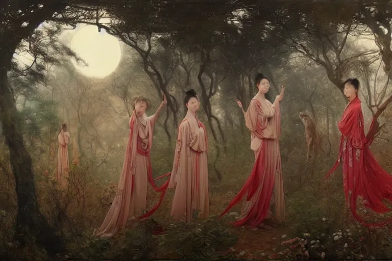 Image similar to wuxia, forest, moonlight, intricate beautiful faces, painting by gaston bussiere, agostino arrivabene, vanessa beecroft, anka zhuravleva, mary jane ansell