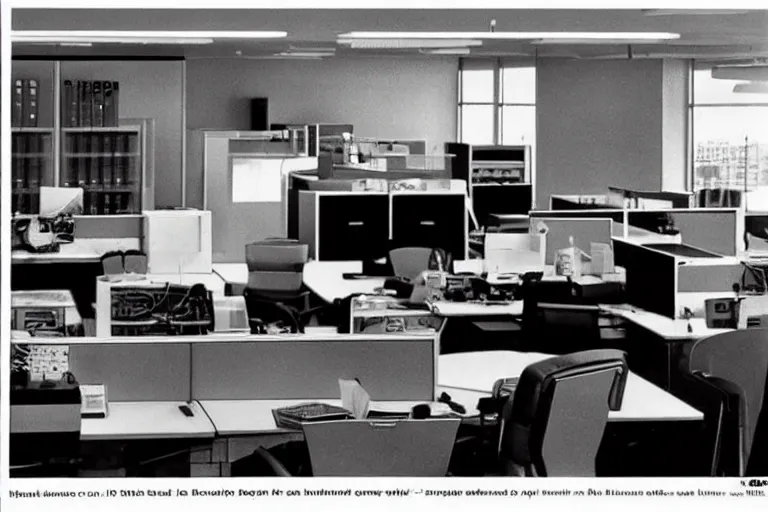 Image similar to a 1 9 8 5 electronics ad depicting an office in the style of andy zito