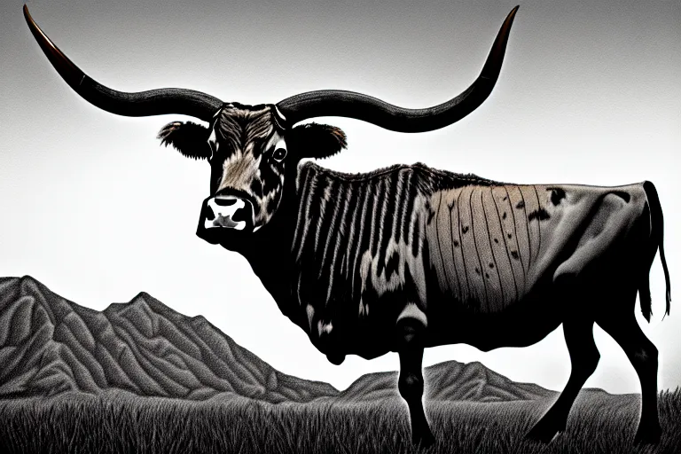 Prompt: a sketch of a longhorn steer on a high bluff in big bend, key visual, extremely moody, highly detailed, digital painting, sharp focus, illustration, unreal engine