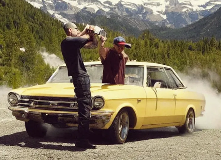 Image similar to a very high resolution image from a new movie, eminem shooting a car. mountains, directed by wes anderson