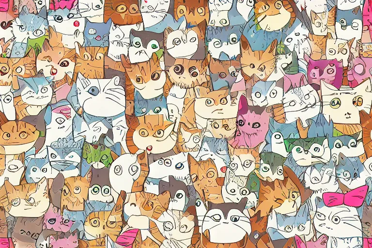 Prompt: beautiful art illustration of a group of happy cats by studio ghibli, highly detailed, seamless pattern, tiling, anime style