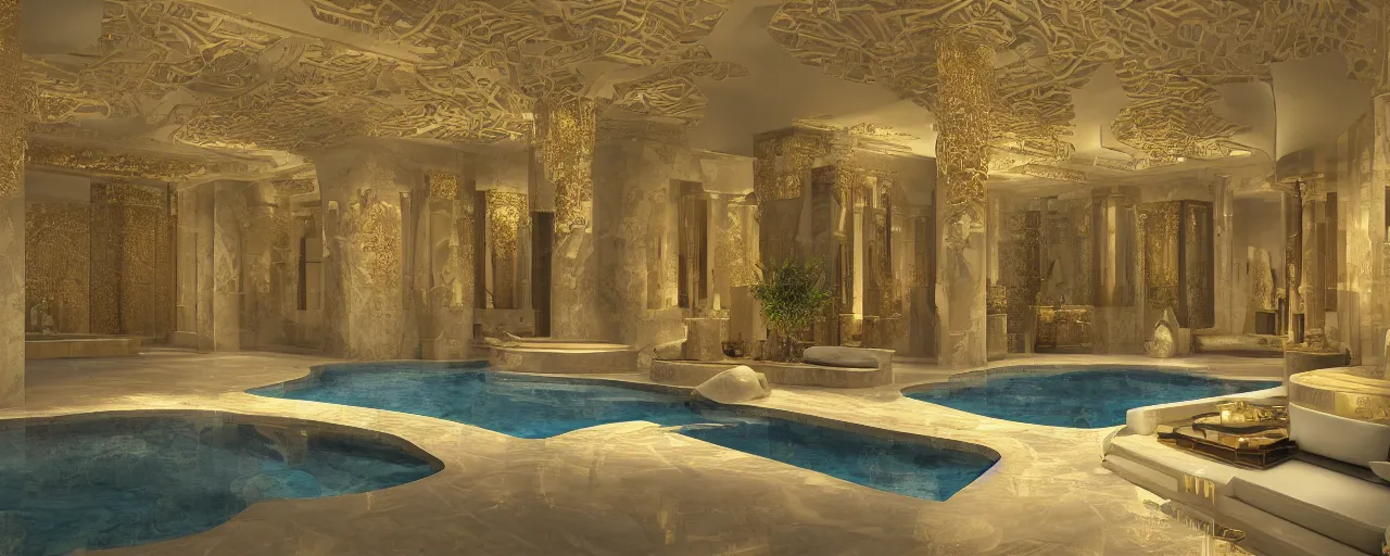 Image similar to 3 d render of a cinematic interior of a triple height hyper luxury spa with everything made of gold, candles, windows with view to desert mountains and river, beige stone marble floor with reflection, small wellness relaxation pool, intricate hieroglyph detailed roof, contemporary design, fractal sacred geometry, 8 k, hyperrealistic, photorealism,