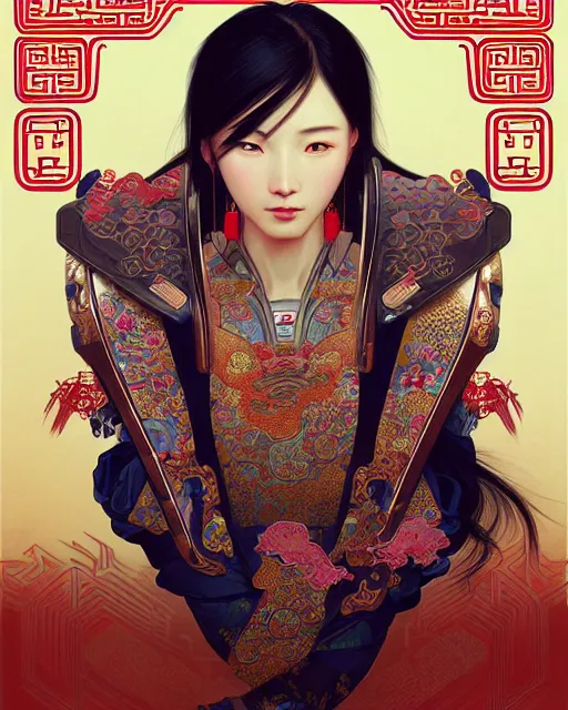 Image similar to portrait of a chinese cyberpunk machine, machine face, arms, upper half portrait, decorated with chinese opera motifs, regal, asian, fine china, wuxia, traditional chinese art intricate intense elegant 京 剧 highly detailed digital painting artstation concept art smooth sharp focus illustration, art by artgerm and greg rutkowski alphonse mucha 8 k