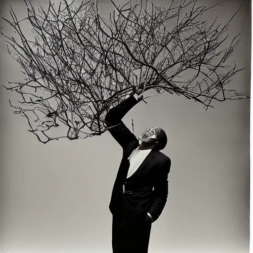 Prompt: a man with branches sticking out of them, large format film fashion photograph by richard avedon