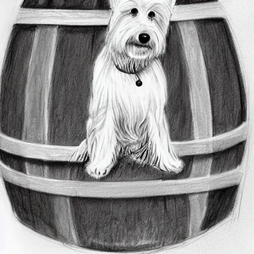 Prompt: charcoal sketch of a westie sitting next to a wine barrel