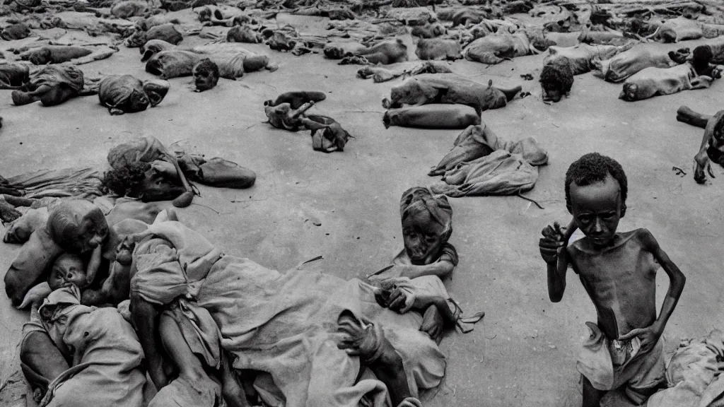 Image similar to 1 9 8 4 famine and drought in ethiopia, in the cover of new york times, wide - angle, dark, moody, 8 k