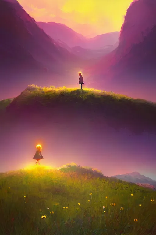 Image similar to giant daisy flower head, girl hiking in the mountains, surreal photography, sunrise, dramatic light, impressionist painting, colorful clouds, digital painting, artstation, simon stalenhag