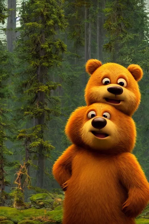 Image similar to cinematic shot of a cute anthropomorphic bear standing in the forest with his hands on his waist by greg rutowski and his face by pixar with a warm smile and big green eyes, full view of bear, anatomically correct body, disney, yogi bear, studio ghibli, 8 k, masterpiece