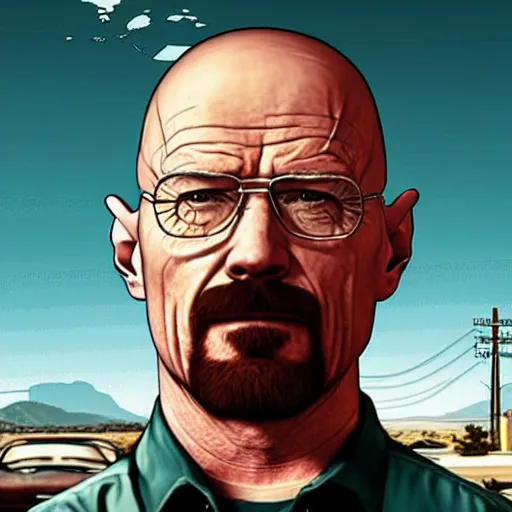 Prompt: walter white on the gta 5 cover art.