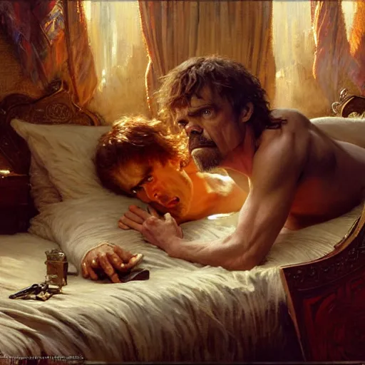 Image similar to peter dinklage is in his bed, nervous and terrified, because a kevin bacon is attacking him. highly detailed painting by gaston bussiere, j. c. leyendecker, greg rutkowski, craig mullins 8 k