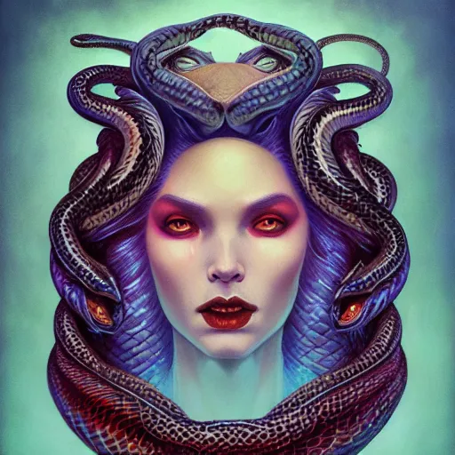 Image similar to queen of snakes, crown of snakes, blue skin, by Anato Finnstark, Tom Bagshaw, Brom