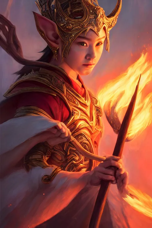 Image similar to a masterpiece portrait of nezha, young elf prince holding spear, flame everywhere, epic pose, fantasy character portrait, closeup shot, hyper detailed, digital painting, 8 k realistic, trending on artstation, sharp focus, dof, by fenghua zhong, artgerm, ne zha from smite, jeff easley, raymond swanland