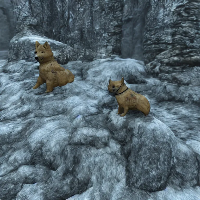 Prompt: an ancient and weathered stone shiba inu statue beside a frozen stream, skyrim pc screenshot