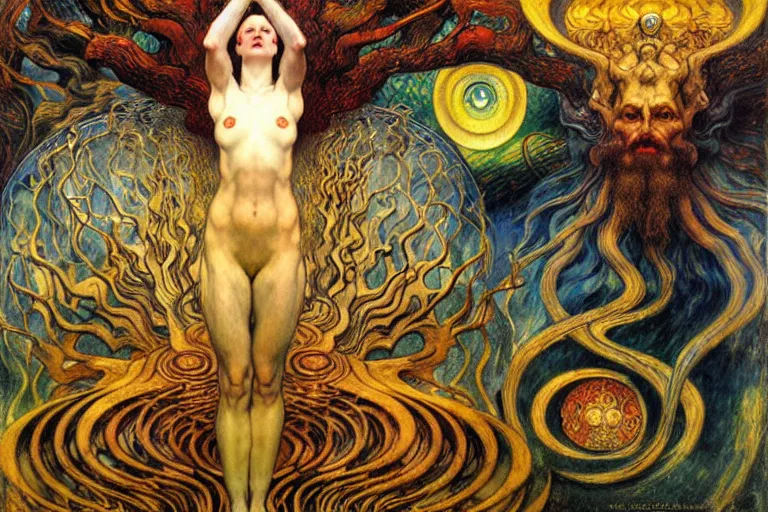 Image similar to Divine Chaos Engine by Karol Bak, Jean Delville, William Blake, Gustav Klimt, and Vincent Van Gogh, symbolist, visionary