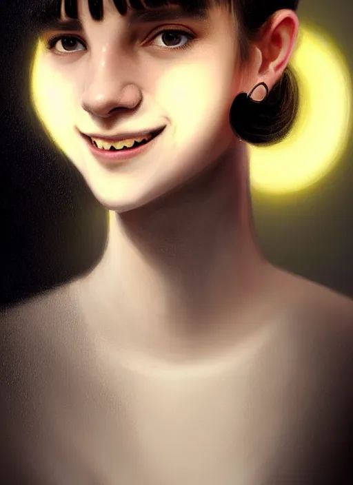 Image similar to portrait of white teenage girl, narrow face, short black hair, bangs, half updo hairstyle, buck toothed big smile, unattractive, defined jawline, long chin, wearing hair bow, earrings, intricate, elegant, glowing lights, highly detailed, digital painting, artstation, sharp focus, illustration, art by wlop, mars ravelo and greg rutkowski