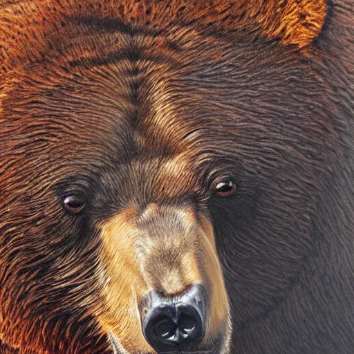 Image similar to a painting of a brown bear's face, an ultrafine detailed painting by terry redlin, behance contest winner, detailed painting, oil on canvas, sharp focus