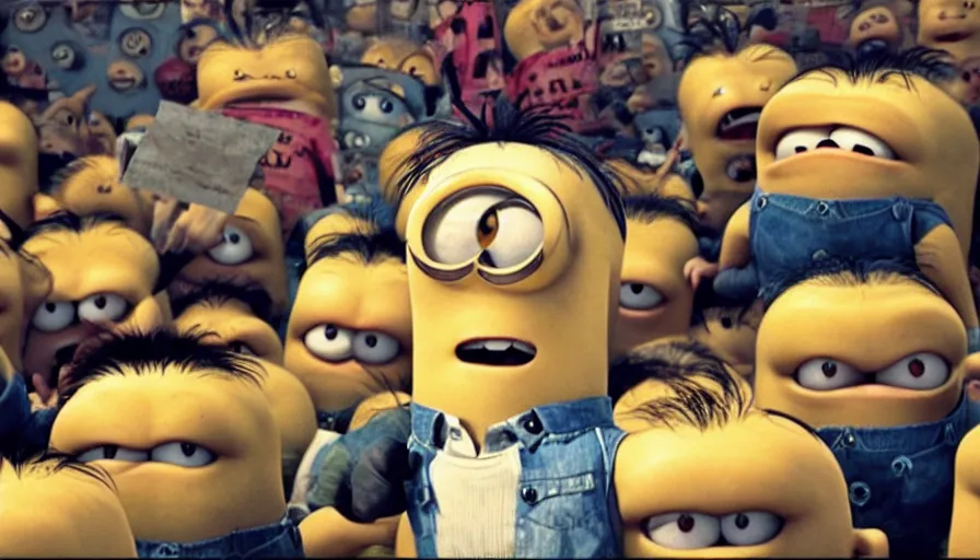 Image similar to fight club!!!!, fight club!!!! (((the minions))), movie still, directed by David fincher