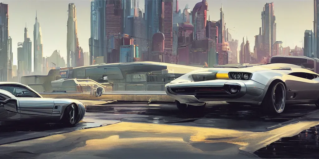 Image similar to art style by Ben Aronson and Edward Hopper and Syd Mead, wide shot view of the Cyberpunk 2077, on ground level. full view of a silver car designed by Henrik Fisker, Bruce Kaiserm and Jon Sibal.