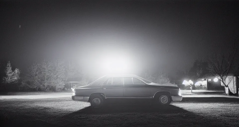 Image similar to a photograph of a UFO shining it’s light down on a car at night by Gregory Crewdson