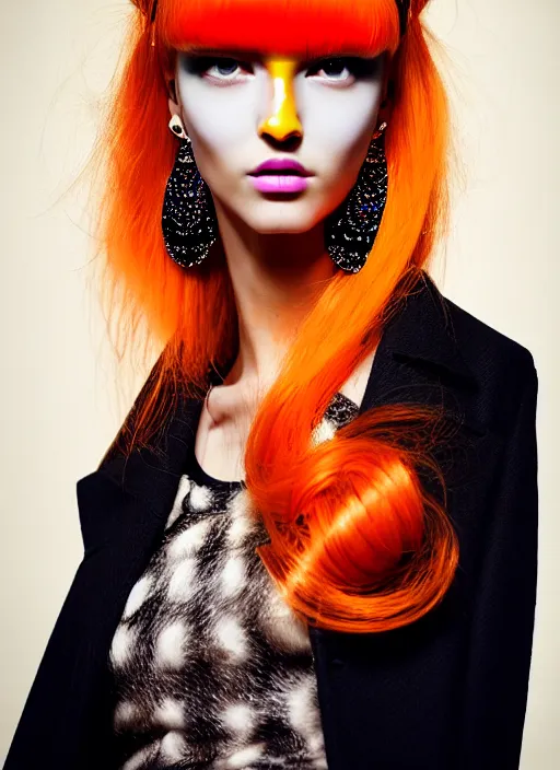 Prompt: coat for a rave,Orange hairstyle, earrings, bright soft colors, black background, many details, prints, photo for a magazine, photo for a store, fashion photography, Vogue, 135 mm, cinematic, hyper realism, high detail, octane render, 8k, chrome accents, very coherent symmetrical artwork, perfect face model, Soft light, Reduced contrast