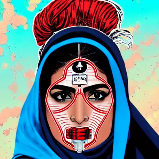 Image similar to a profile photo of a pakistaniwoman with a diving oxygen mask with side profile blood in ocean intricate details by MARVEL comics and Sandra Chevrier-C