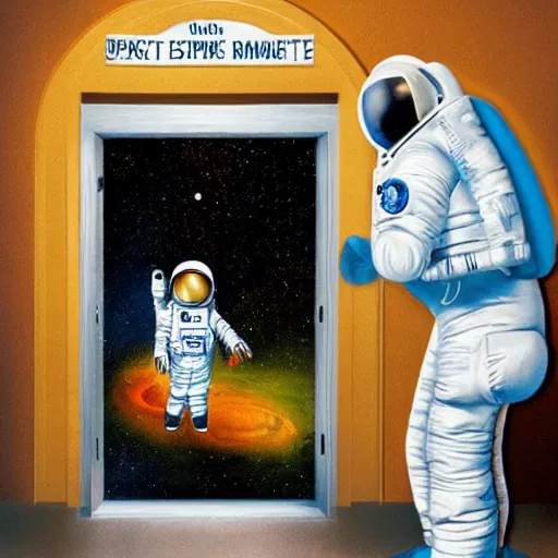 Prompt: photo - realism, space astronaut opening door that shows space and time created by dr. suess with extra detail, epic, 0, perfection.