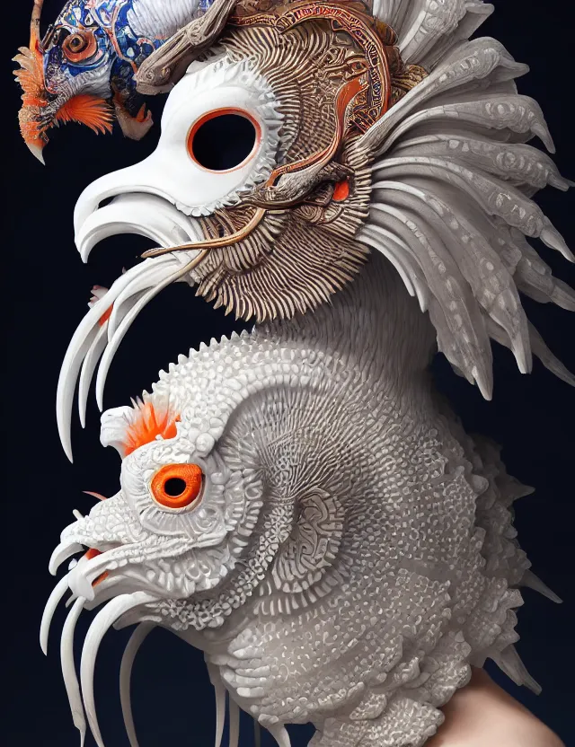 Image similar to 3 d goddess close - up profile portrait ram skull. beautiful intricately detailed japanese crow kitsune mask and clasical japanese kimono. betta fish, jellyfish phoenix, bio luminescent, plasma, ice, water, wind, creature, artwork by tooth wu and wlop and beeple and greg rutkowski