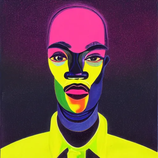 Image similar to a black man with yellow eyes and a dark rainbow background, gouache painting by francis bacon and tomokazu matsuyama, by ed paschke, by agnes pelton, by patrick nagel, behance contest winner, generative art, irridescent, holography, neon, dark art, retrowave, grain, black background